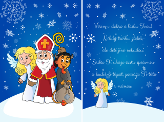 Set přední a zadní strana Mikulášská trojice s andílkem se zlatými vlnitými vlásky 2 ks 24x35cm 